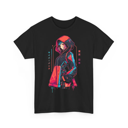 Cyberpunk Anime T-Shirt | Anime Girl mit Kapuzenjacke