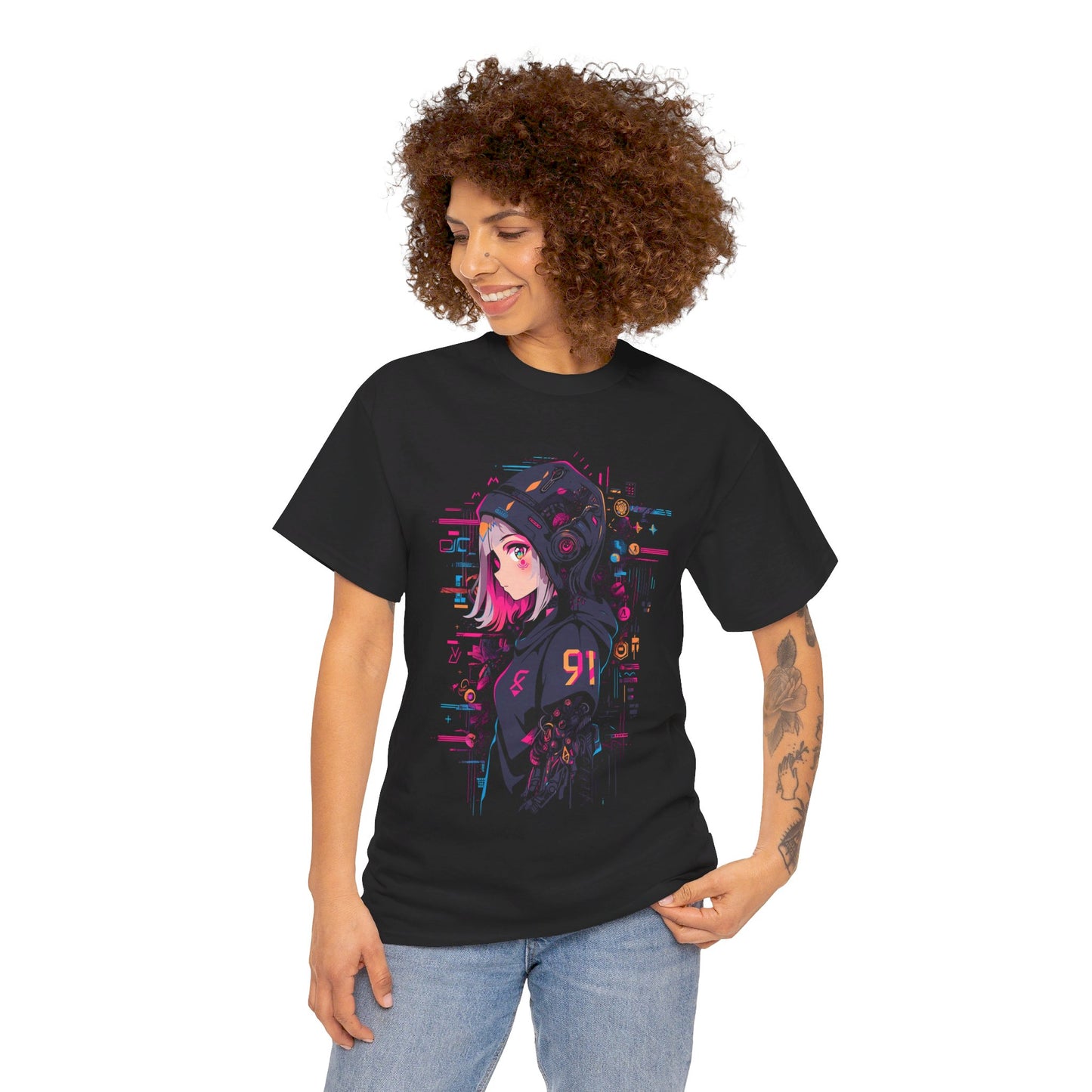 Cyberpunk Anime T-Shirt | Anime girl with hoodie