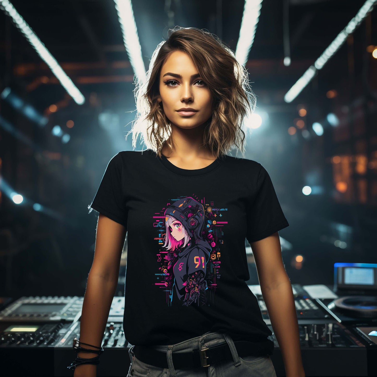 Cyberpunk Anime T-Shirt | Anime girl with hoodie