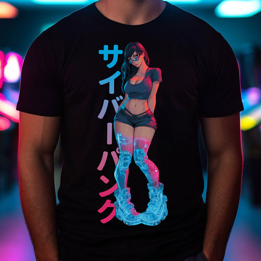 Cyberpunk Anime Girl T-Shirt – Kanji & Neon | T-Shirt für Gamer & Anime-Fans