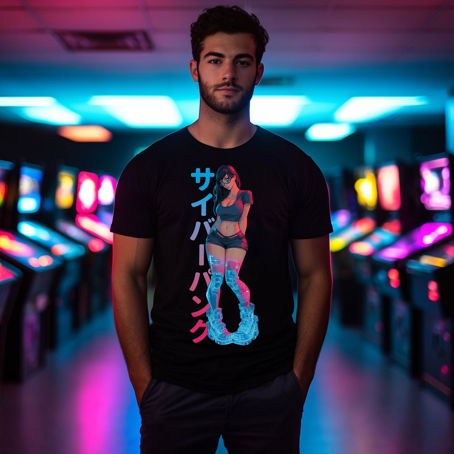 Cyberpunk Anime Girl T-Shirt – Kanji & Neon | T-Shirt für Gamer & Anime-Fans