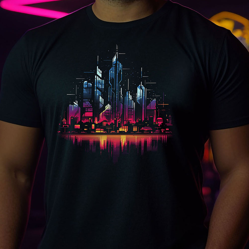 Cyberpunk Skyline T-Shirt | T-shirt for cyberpunk and retrowave fans