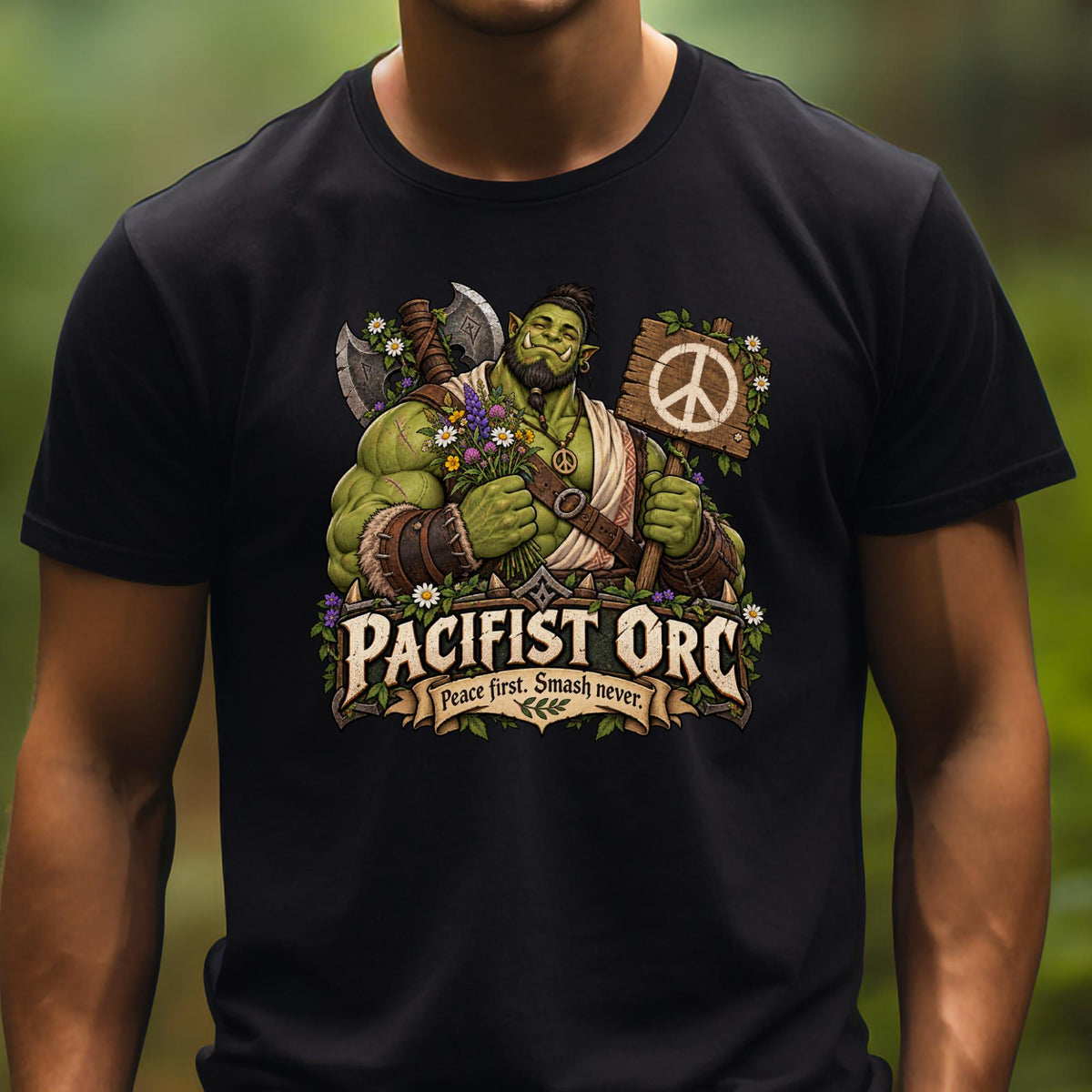 Illustrierter grüner Ork mit Wildblumenstrauß und Peace-Schild auf einem T-Shirt