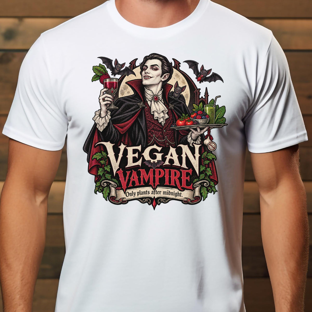 Illustrierter Vampir mit Rote-Bete-Saft und Gemüsetablett auf einem T-Shirt
