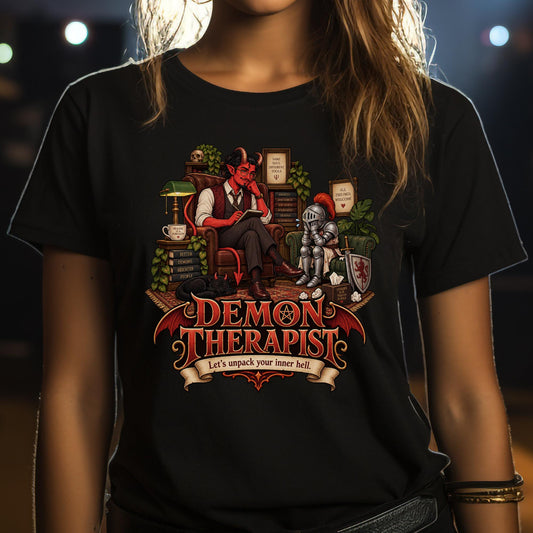 Illustrierter Dämon als Therapeut mit Notizblock und weinendem Ritter auf einem T-Shirt