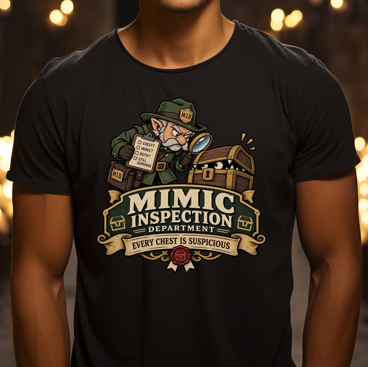 Illustrierter Inspektor mit Lupe prüft eine Schatztruhe mit Zähnen auf einem T-Shirt