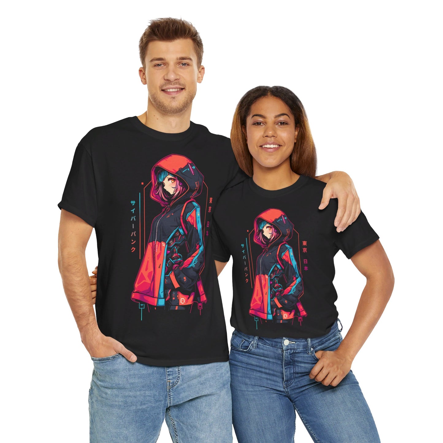 Cyberpunk Anime T-Shirt | Anime Girl mit Kapuzenjacke