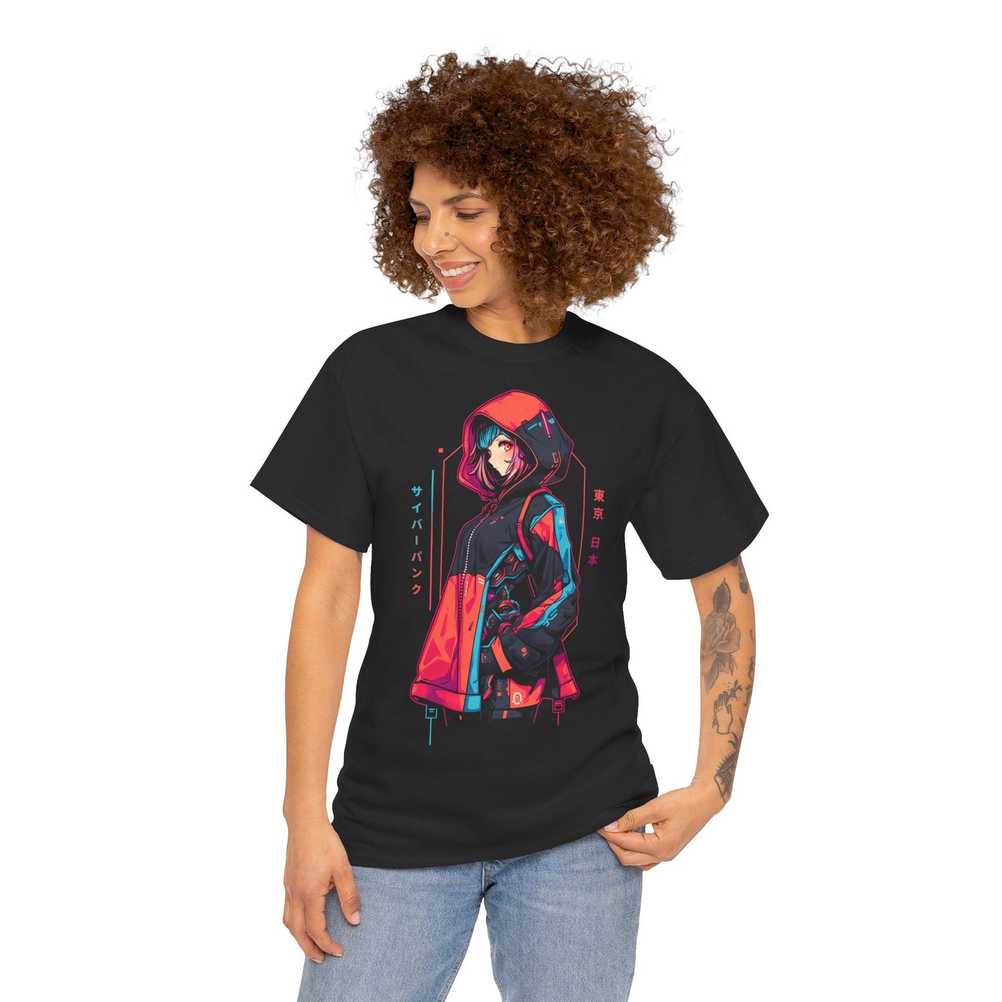 Cyberpunk Anime T-Shirt | Anime Girl mit Kapuzenjacke