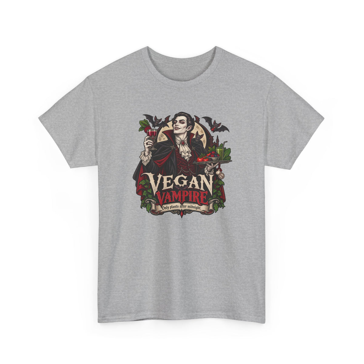 Illustrierter Vampir mit Rote-Bete-Saft und Gemüsetablett auf einem T-Shirt