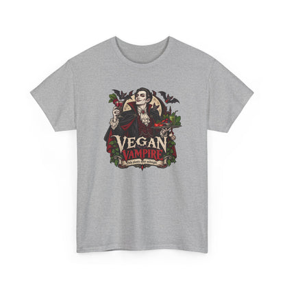 Illustrierter Vampir mit Rote-Bete-Saft und Gemüsetablett auf einem T-Shirt