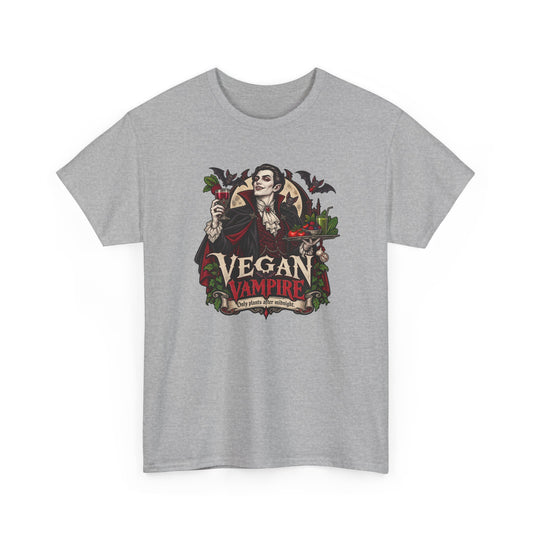 Illustrierter Vampir mit Rote-Bete-Saft und Gemüsetablett auf einem T-Shirt