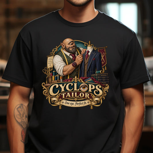 Illustrierter Zyklop als Schneider mit Maßband und Anzug an der Schneiderpuppe, auf einem T-Shirt