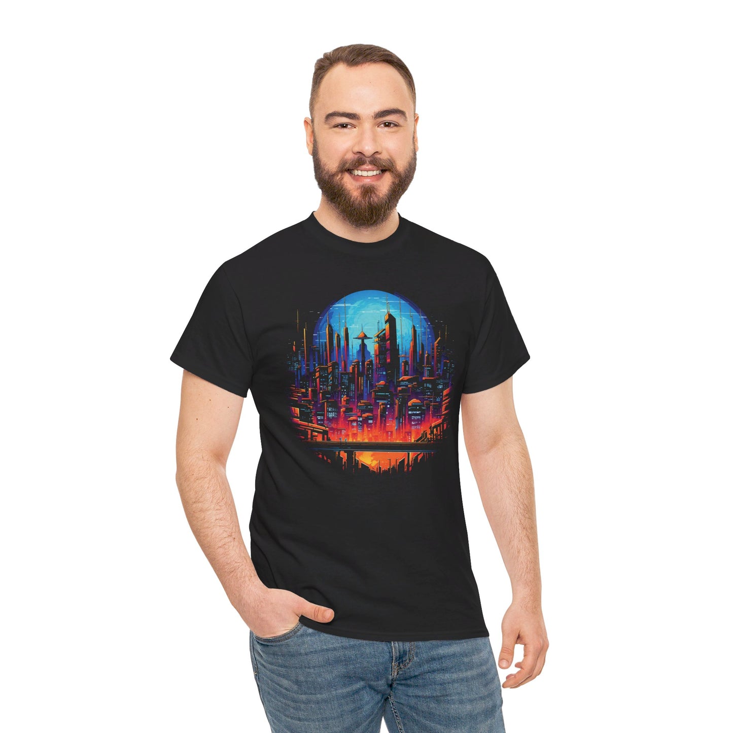 Cyberpunk Skyline T-Shirt Vollmond | T-Shirt für Cyberpunk und Retrowave Fans