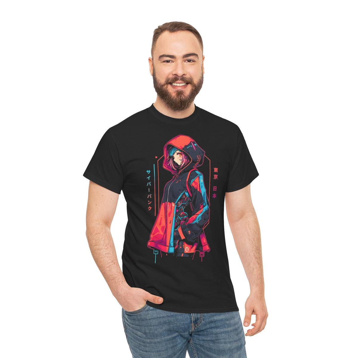 Cyberpunk Anime T-Shirt | Anime Girl mit Kapuzenjacke