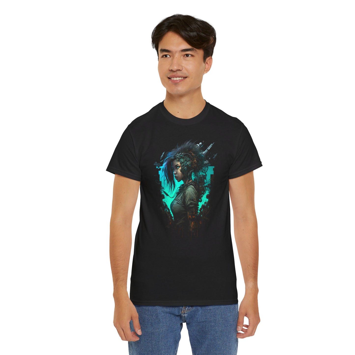 Cyberpunk T-Shirt | Cyberpunk Netrunner Girl Blue