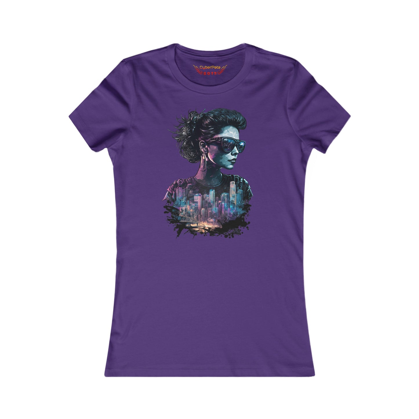 Sonnenbrille und Skyline T-Shirt | Cyberpunk T-Shirt für Frauen