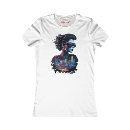 Sonnenbrille und Skyline T-Shirt | Cyberpunk T-Shirt für Frauen