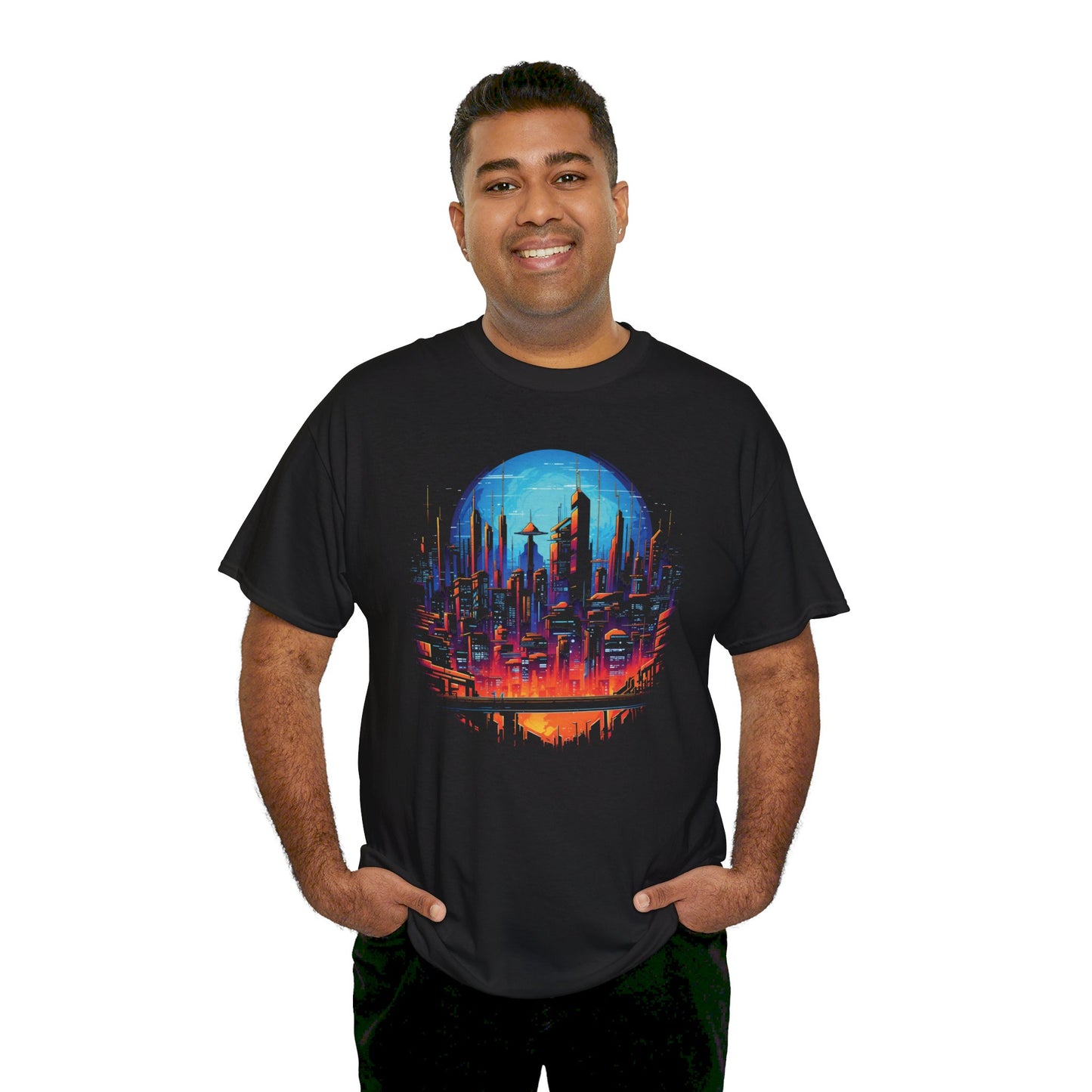 Cyberpunk Skyline T-Shirt Vollmond | T-Shirt für Cyberpunk und Retrowave Fans