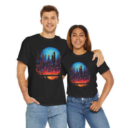 Cyberpunk Skyline T-Shirt Vollmond | T-Shirt für Cyberpunk und Retrowave Fans