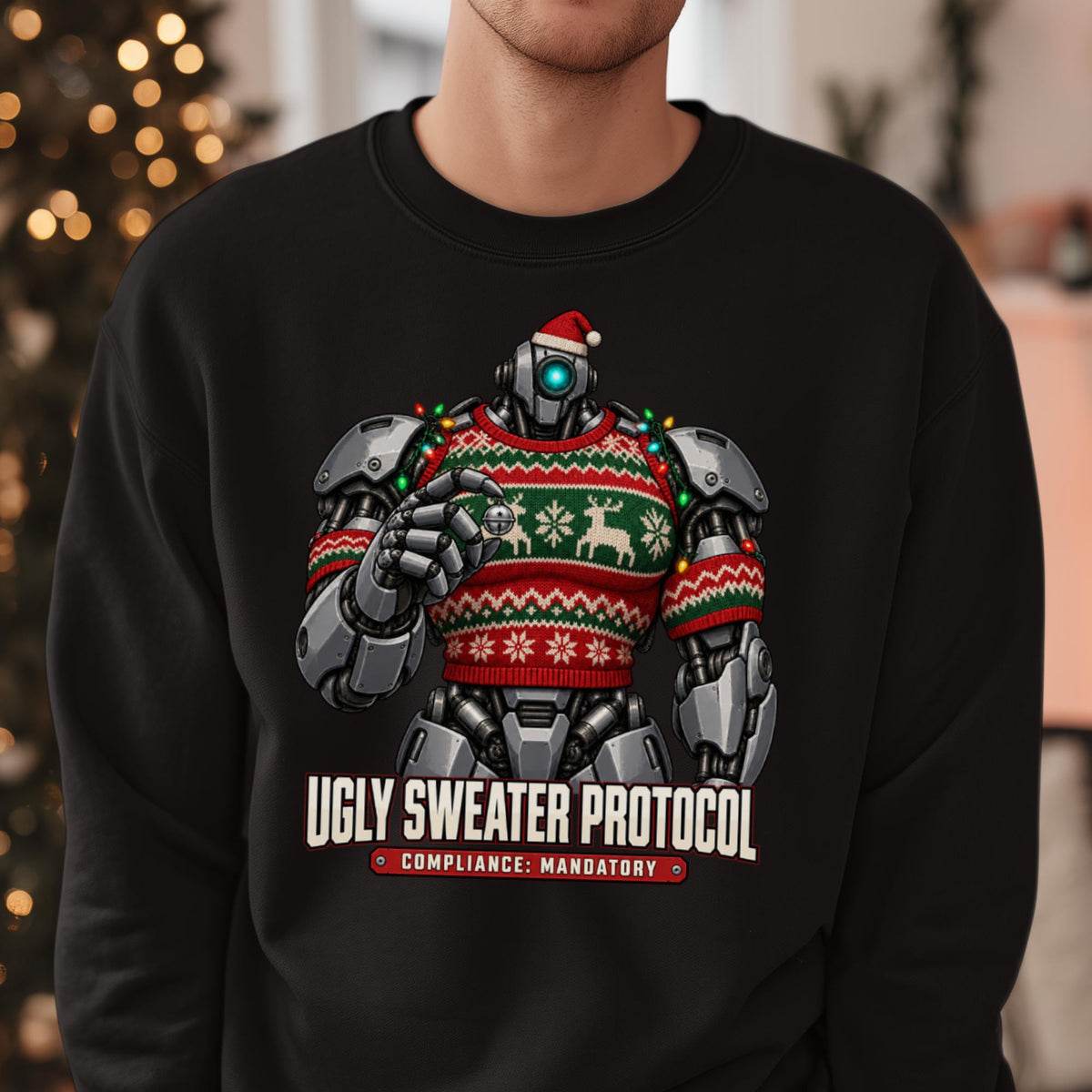 Weihnachtspullover mit einem silbernen Kampfroboter mit leuchtend blauem Auge, der einen roten Strickpullover mit Rentiermuster trägt, eine Weihnachtsmütze aufhat und ein Glöckchen hält, darunter der Schriftzug Ugly Sweater Protocol.