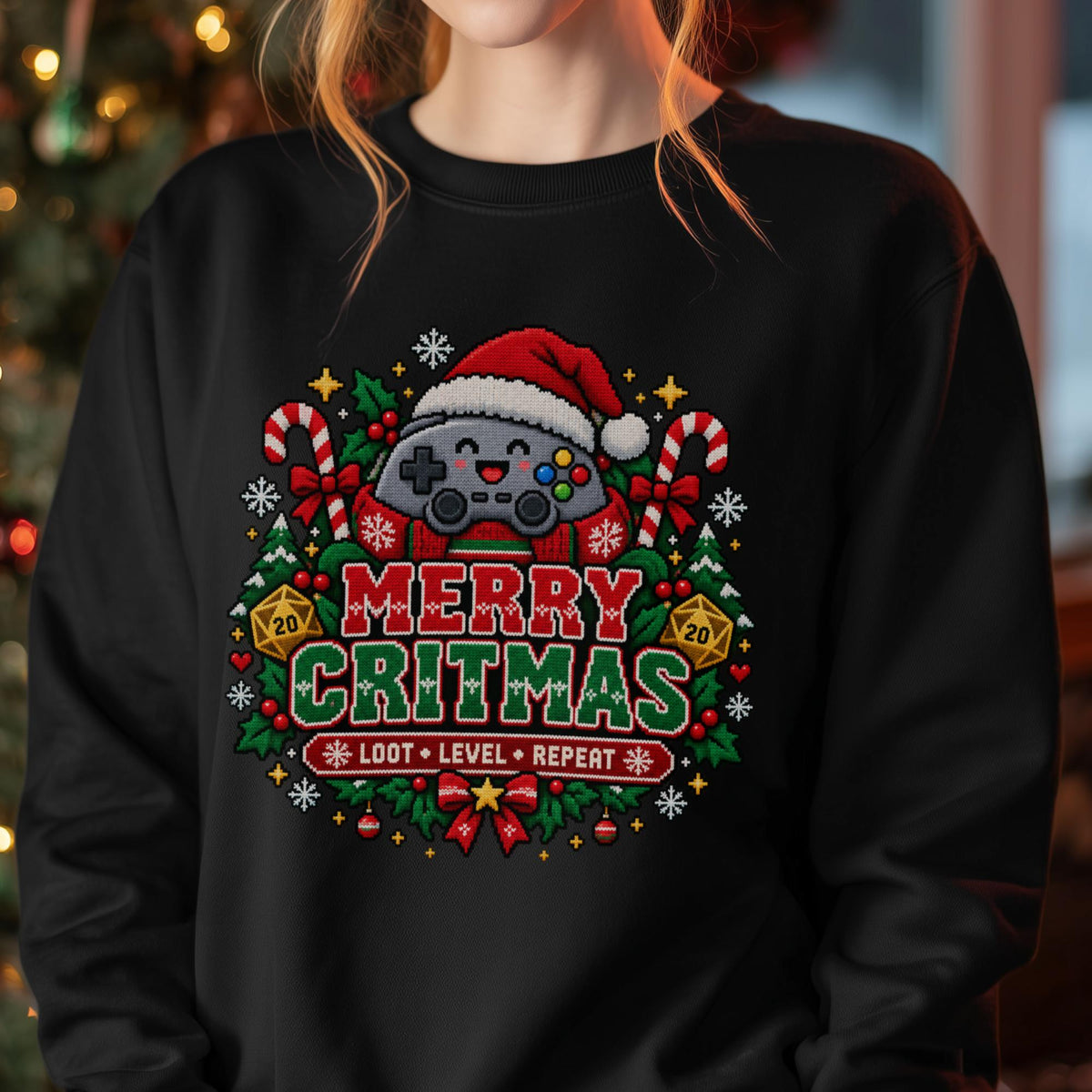 Weihnachtspullover mit einem grauen Spielecontroller mit Nikolausmütze, zwei goldenen zwanzigseitigen Würfeln und dem Schriftzug Merry Critmas in Strickoptik.