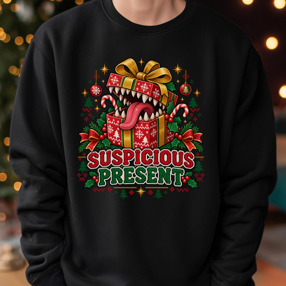 Weihnachtspullover mit einem roten Geschenkkarton mit goldener Schleife, dessen Deckel sich zu einem Maul mit spitzen Zähnen und heraushängender Zunge geöffnet hat, mit dem Schriftzug Suspicious Present.