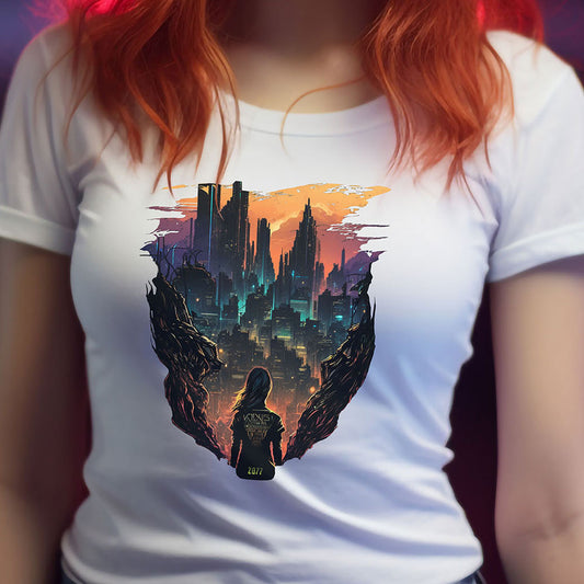 2077 Skyline T-Shirt | Cyberpunk T-Shirt für Frauen