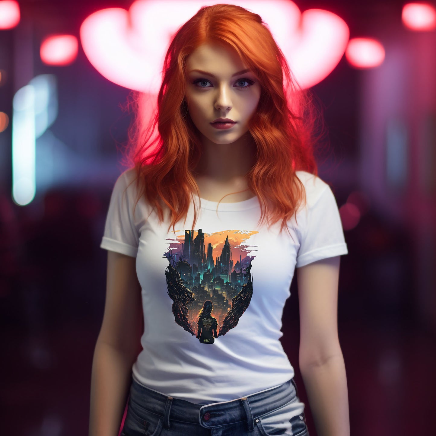 2077 Skyline T-Shirt | Cyberpunk T-Shirt für Frauen