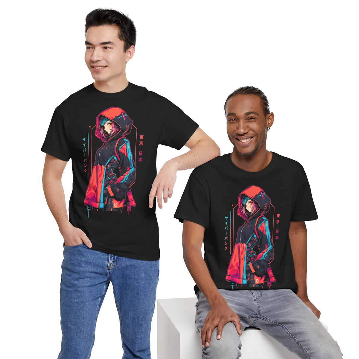 Cyberpunk Anime T-Shirt | Anime Girl mit Kapuzenjacke