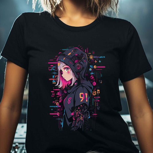 Cyberpunk Anime T-Shirt | Anime Girl mit Hoodie