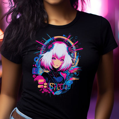 Cyberpunk Anime T-Shirt für Frauen | Anime Girl mit weißen Haaren