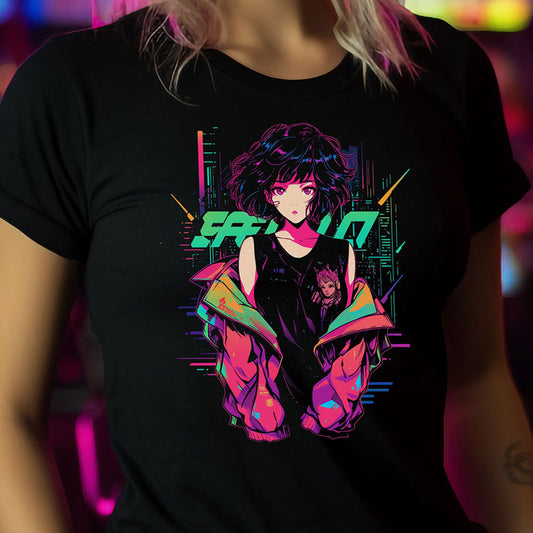 Cyberpunk Anime T-Shirt für Frauen | Anime Girl mit pinker Jacke