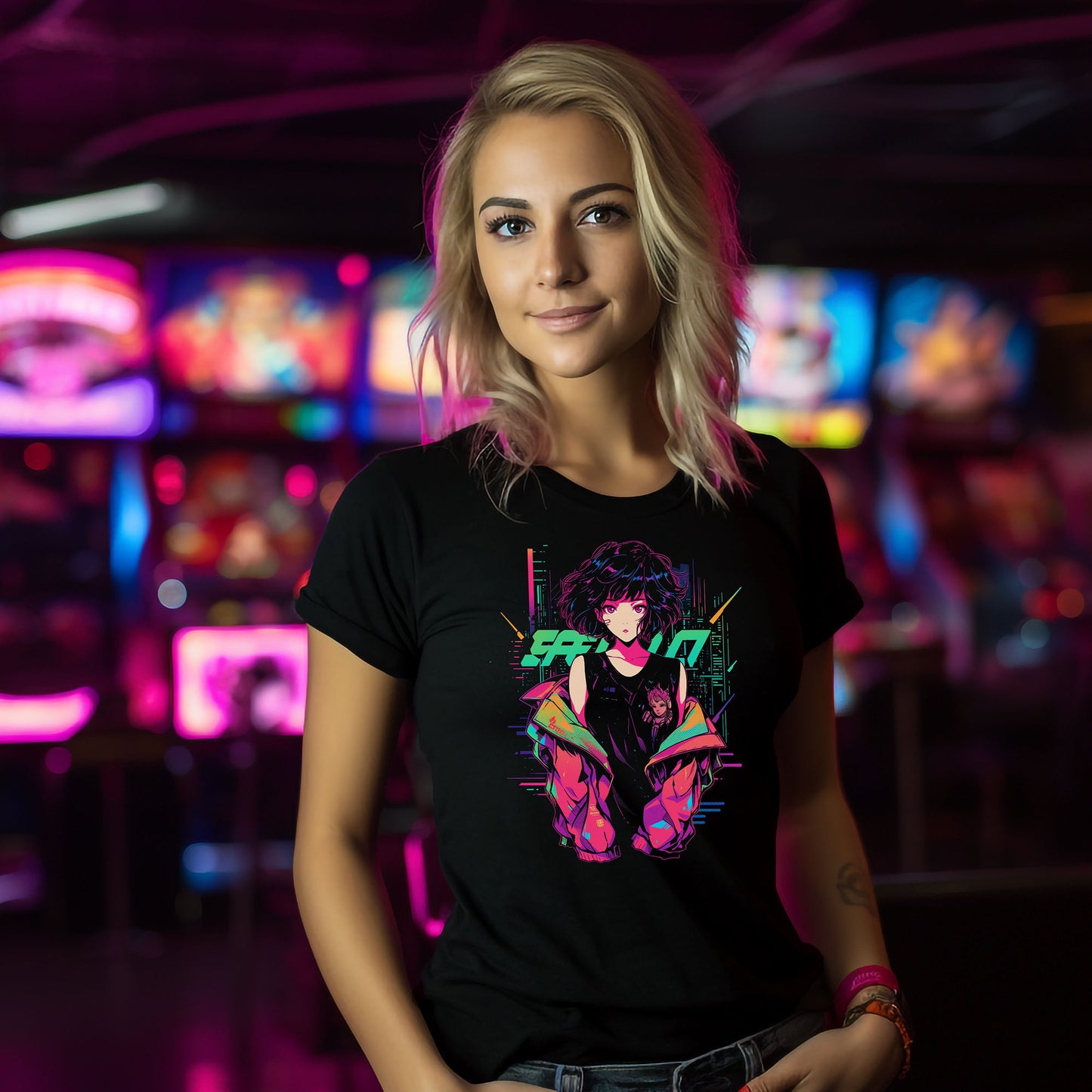 Cyberpunk Anime T-Shirt for Women | Anime girl with pink jacket