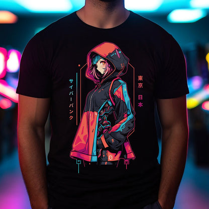 Cyberpunk Anime T-Shirt | Anime Girl mit Kapuzenjacke