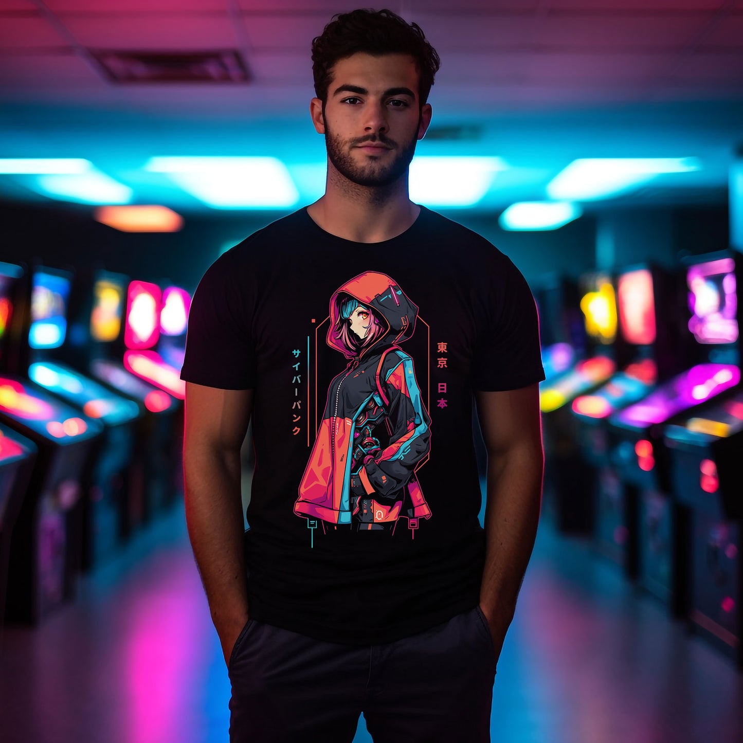 Cyberpunk Anime T-Shirt | Anime Girl mit Kapuzenjacke