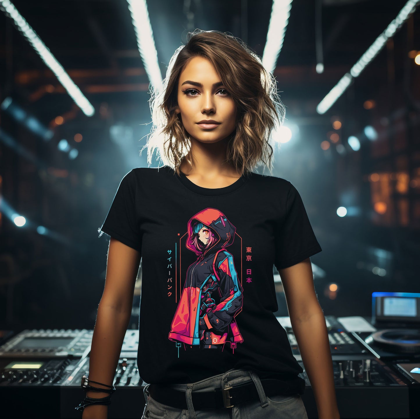 Cyberpunk Anime T-Shirt | Anime Girl mit Kapuzenjacke