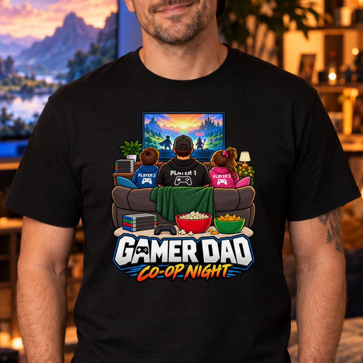 Ein Vater mit Basecap und zwei Kinder in Kapuzenpullovern mit der Aufschrift Player 1, Player 2 und Player 3 sitzen von hinten gesehen auf einem Sofa vor einem Fernseher mit Fantasy-Spielszene, davor Popcorn, Nachos und ein Controller, darunter der Schriftzug Gamer Dad Co-op Night.