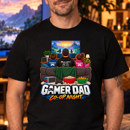 Ein Vater mit Basecap und zwei Kinder in Kapuzenpullovern mit der Aufschrift Player 1, Player 2 und Player 3 sitzen von hinten gesehen auf einem Sofa vor einem Fernseher mit Fantasy-Spielszene, davor Popcorn, Nachos und ein Controller, darunter der Schriftzug Gamer Dad Co-op Night.
