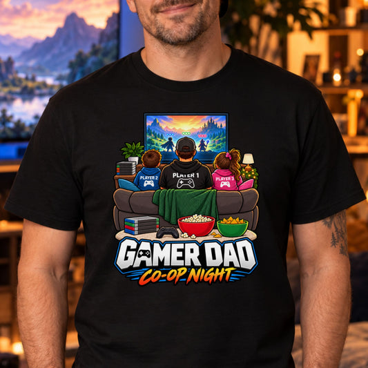 Ein Vater mit Basecap und zwei Kinder in Kapuzenpullovern mit der Aufschrift Player 1, Player 2 und Player 3 sitzen von hinten gesehen auf einem Sofa vor einem Fernseher mit Fantasy-Spielszene, davor Popcorn, Nachos und ein Controller, darunter der Schriftzug Gamer Dad Co-op Night.