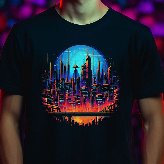 Cyberpunk Skyline T-Shirt Vollmond | T-Shirt für Cyberpunk und Retrowave Fans