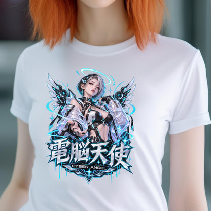 Cyber-Engel mit silbernem Bob, türkis leuchtendem Lichtkranz und mechanischen Flügeln streckt die Hand nach vorn, darunter der Chrom-Schriftzug 電脳天使 Cyber Angel.