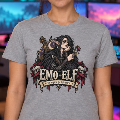 Melancholischer Elf mit langem schwarzem Haar, gepiercten Spitzohren und verlaufenem Kajal stützt das Kinn auf die Hand und hält eine welke Rose, hinter ihm eine Laute und ein Sichelmond, darunter Totenschädel, rote Rosen und der Schriftzug Emo Elf mit dem Band Too magical for this world.