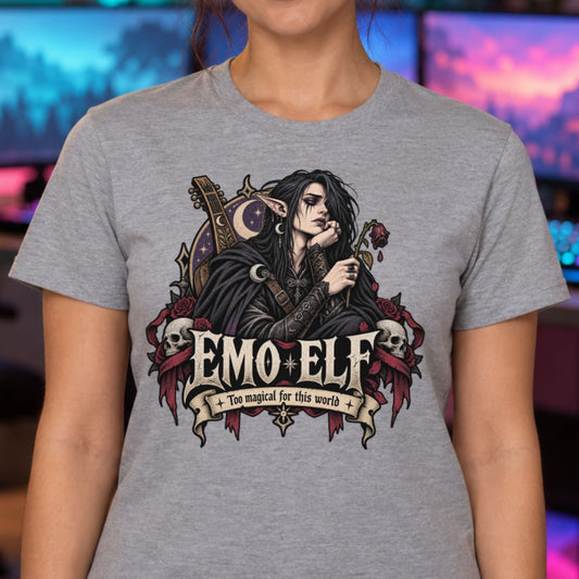 Melancholischer Elf mit langem schwarzem Haar, gepiercten Spitzohren und verlaufenem Kajal stützt das Kinn auf die Hand und hält eine welke Rose, hinter ihm eine Laute und ein Sichelmond, darunter Totenschädel, rote Rosen und der Schriftzug Emo Elf mit dem Band Too magical for this world.