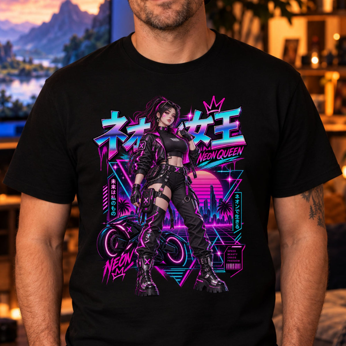 Frau in schwarzer Bomberjacke und Cargohose steht breitbeinig vor einem futuristischen Motorrad mit pink leuchtenden Rädern, daneben der Schriftzug ネオン女王 Neon Queen.