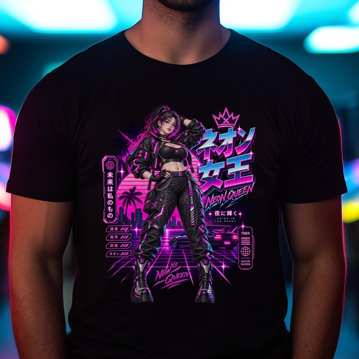 Frau in schwarzer Jacke und Cargohose vor einer pinken Neonsonne mit Palmen, Gitterhorizont und einem Sportwagen der Achtziger, daneben der Schriftzug ネオン女王 Neon Queen.